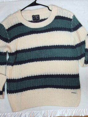 ABERCROMBIE & FITCH Women's Crewneck Long Sleeve Striped Sweater Ivory/Green